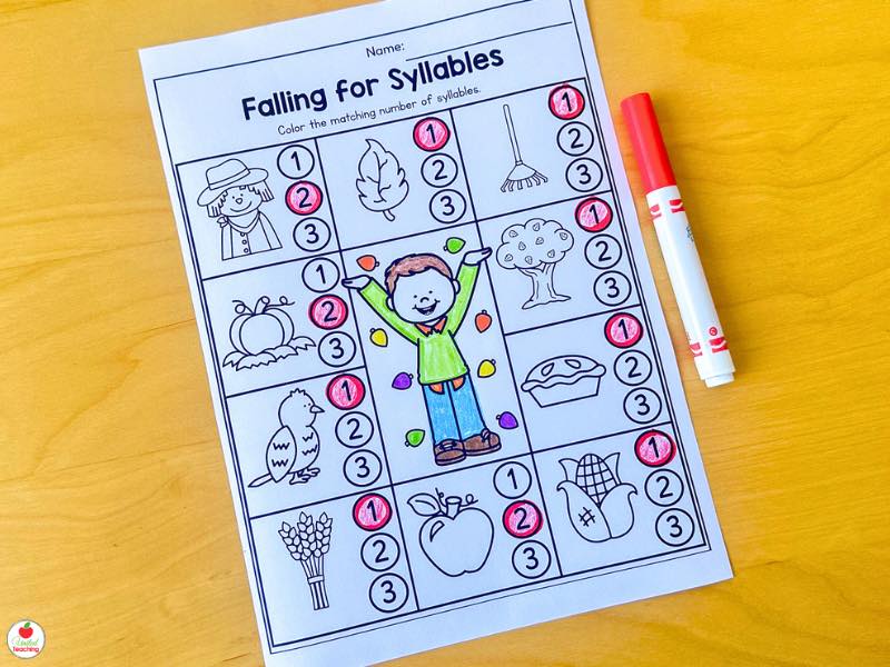 Fall falling for syllables worksheet for kindergarten, color the matching number of syllables
