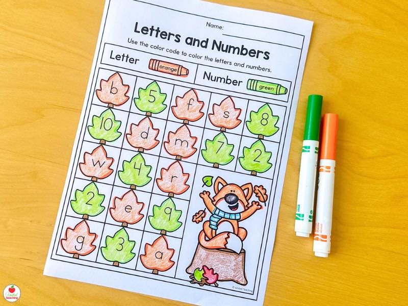 Fall letters and numbers color by code sort worksheet for kindergarten with leaves