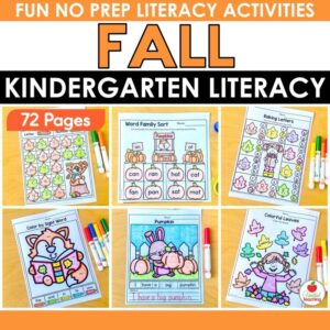 Fall Literacy Worksheets Kindergarten cover showing six colored fall literacy activity pages with markers