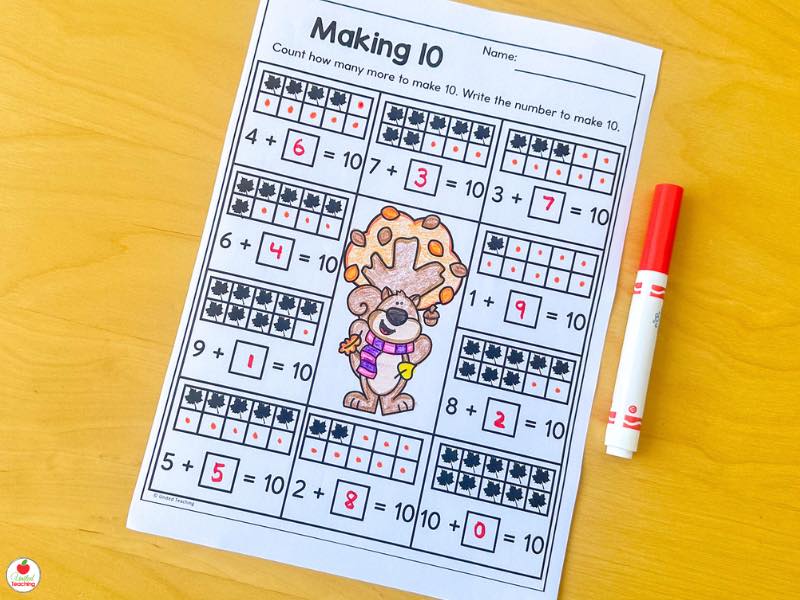 Fall making 10 worksheet for kindergarten, count how many more to make 10 using ten frames