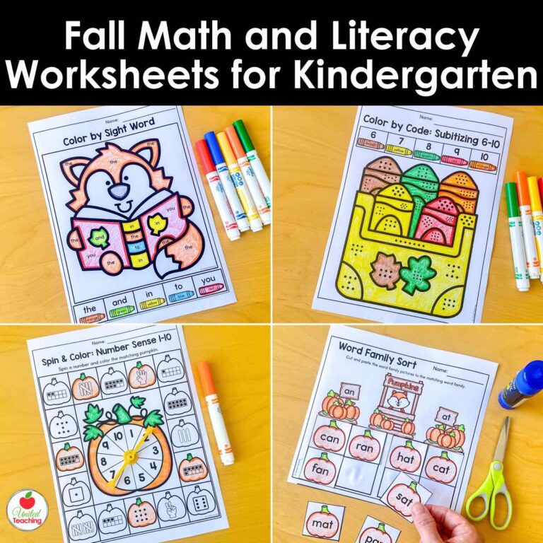 Fall math and literacy worksheets for kindergarten: color by sight word, subitizing, spin and color, and word family sort