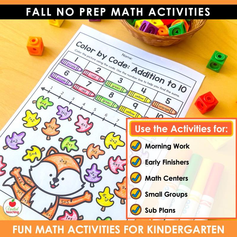 Color by Code Addition to 10 fox page from Fall Math Worksheets Kindergarten with snap cubes and markers