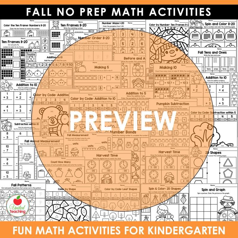 Preview collage of addition, subtraction, shapes and measurement pages in Fall Math Worksheets Kindergarten