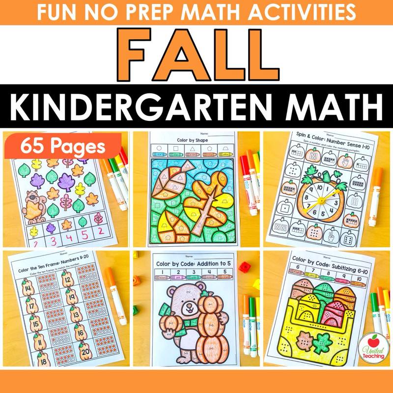 Fall Math Worksheets Kindergarten cover showing six colored fall math activity pages with markers