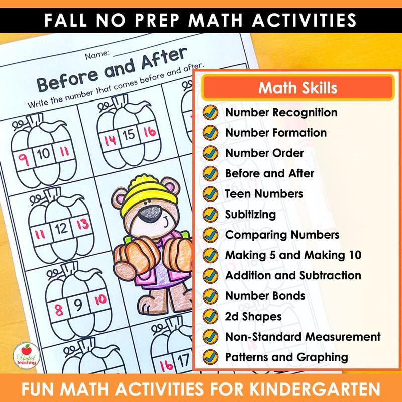 Before and After pumpkin number page from Fall Math Worksheets Kindergarten with the math skills list
