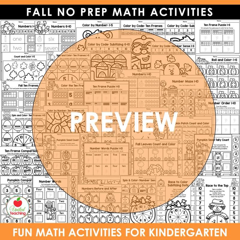Preview collage of numbers and counting pages included in Fall Math Worksheets Kindergarten