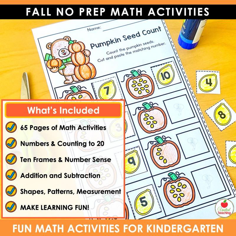 Pumpkin Seed Count cut and paste page from Fall Math Worksheets Kindergarten with what is included list
