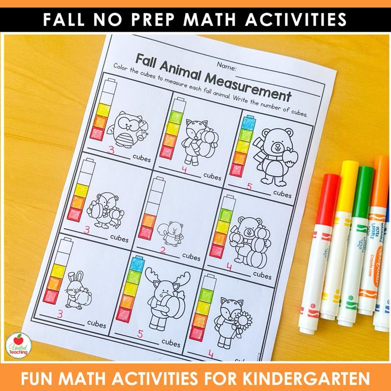 Fall Animal Measurement page from Fall Math Worksheets Kindergarten measuring animals with colored cubes