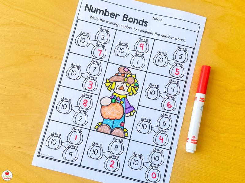 Fall number bonds to 10 worksheet for kindergarten, write the missing number on each pumpkin