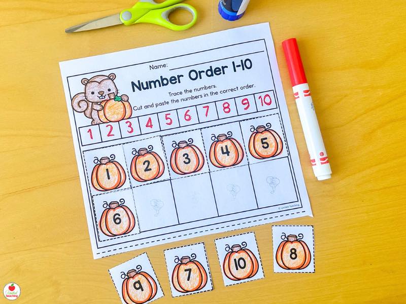 Fall number order 1-10 worksheet for kindergarten, trace and cut and paste the pumpkin numbers