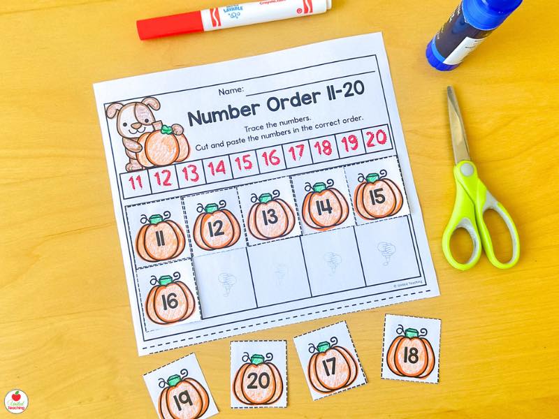 Fall number order 11-20 worksheet for kindergarten, trace and cut and paste the pumpkin numbers