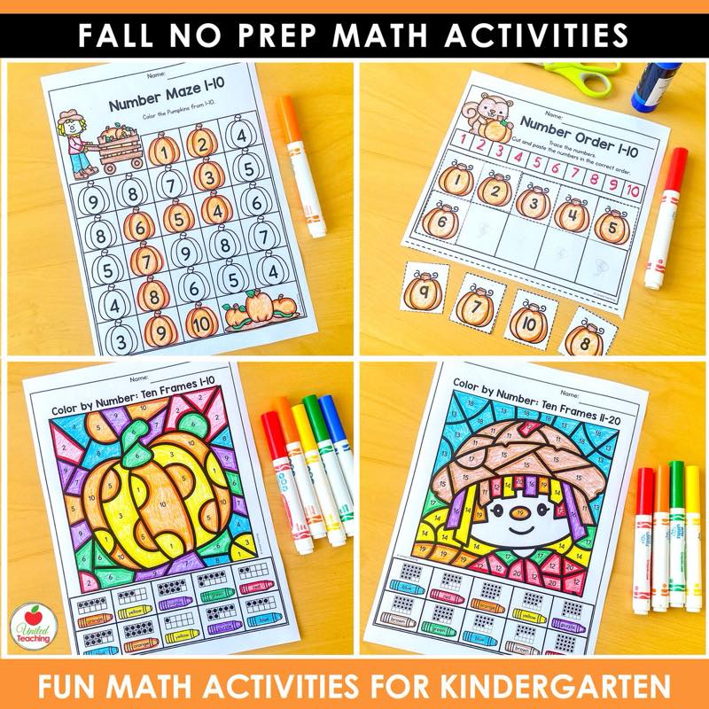 Number Maze, Number Order and color by number ten frame pages from Fall Math Worksheets Kindergarten