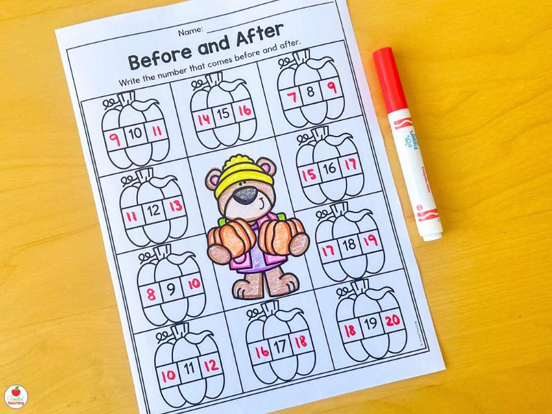 Fall before and after worksheet for kindergarten, write the numbers that come before and after