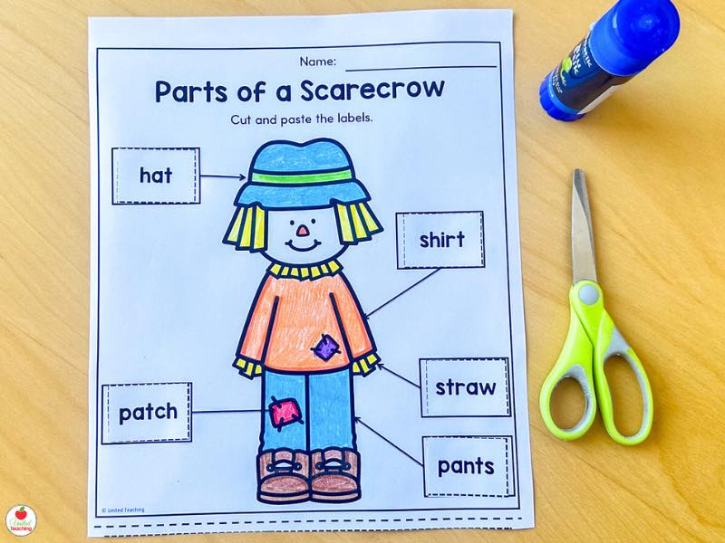 Fall parts of a scarecrow worksheet for kindergarten, cut and paste the labels hat, shirt, and pants