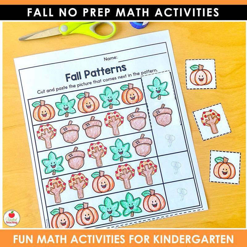 Fall Patterns cut and paste page from Fall Math Worksheets Kindergarten with pumpkin and leaf picture cards