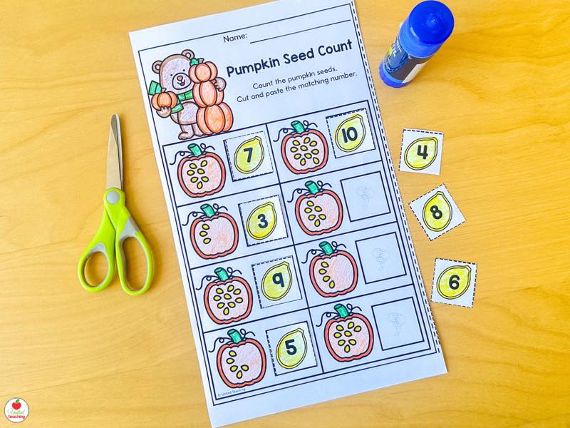 Fall pumpkin seed count worksheet for kindergarten, count the seeds and paste the matching number
