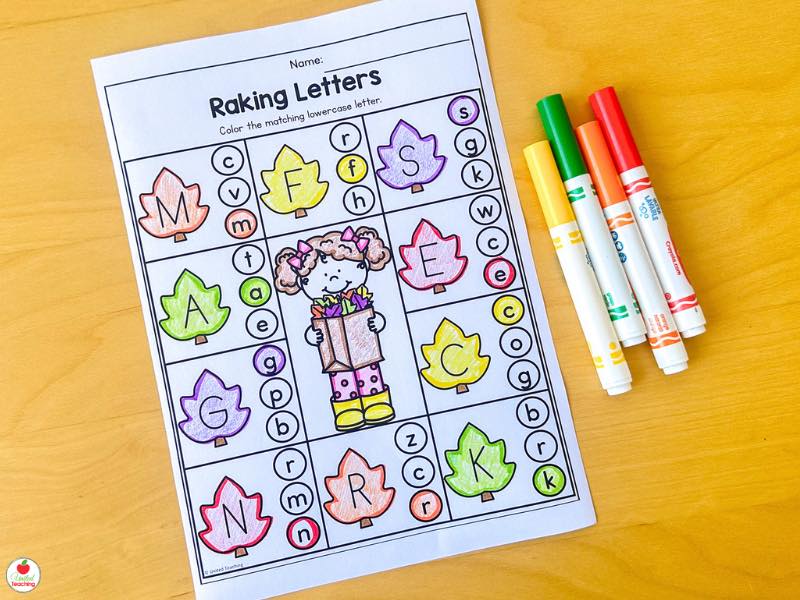 Fall raking letters worksheet for kindergarten, color the lowercase letter that matches each leaf
