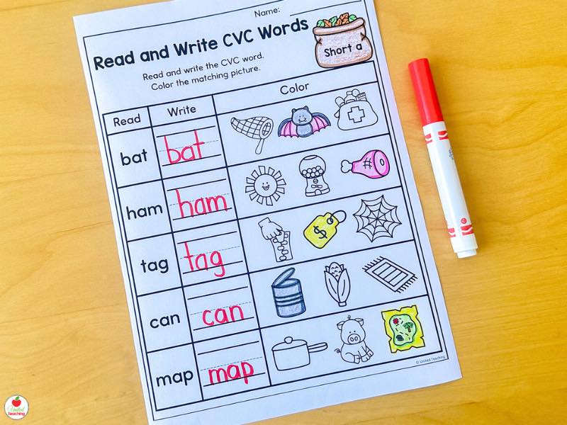 Fall read and write CVC words short a worksheet for kindergarten, color the matching picture