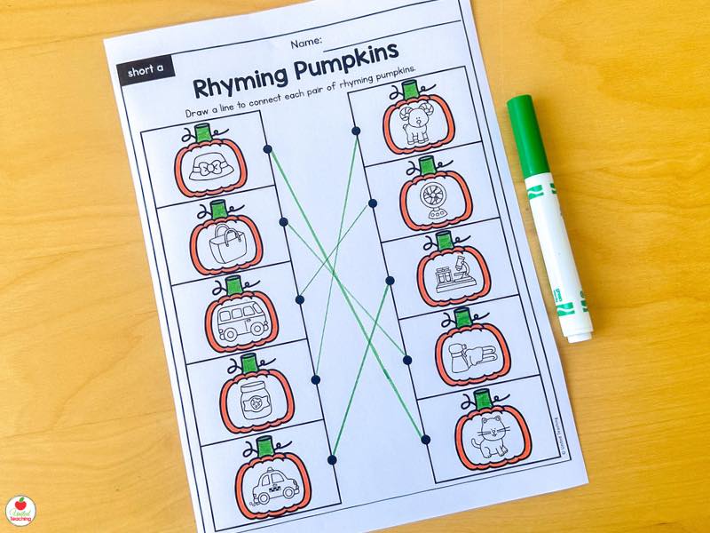 Fall rhyming pumpkins short a worksheet for kindergarten, draw a line to connect rhyming pictures