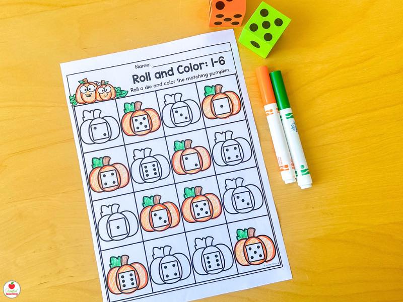 Fall roll and color 1-6 worksheet for kindergarten, roll a die and color the matching pumpkin