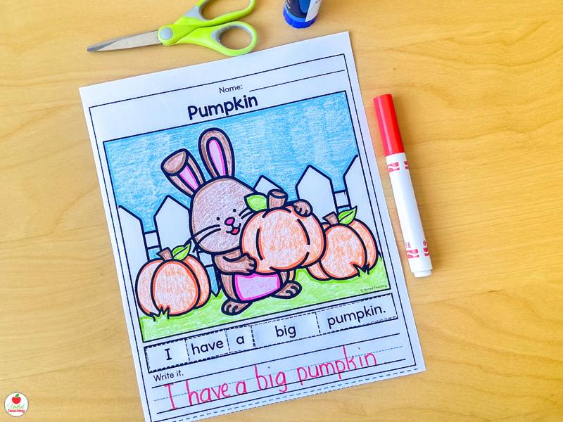 Fall scrambled sentence worksheet for kindergarten, build and write the sentence I have a big pumpkin