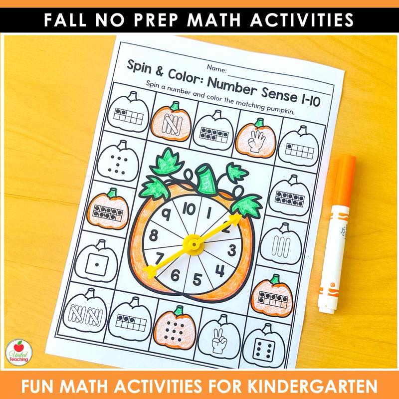 Spin and Color Number Sense 1 to 10 pumpkin page from Fall Math Worksheets Kindergarten with an orange marker