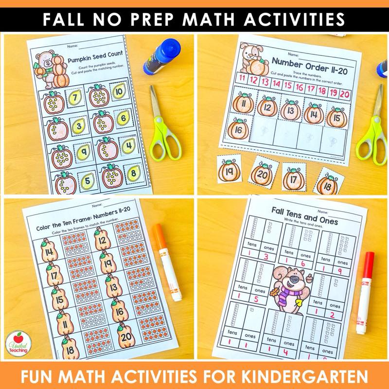 Pumpkin Seed Count, Number Order 11 to 20, ten frames and tens and ones pages from Fall Math Worksheets Kindergarten
