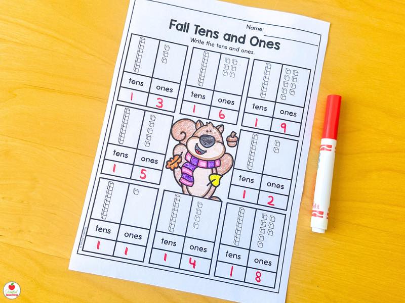 Fall tens and ones worksheet for kindergarten, write the tens and ones for teen numbers