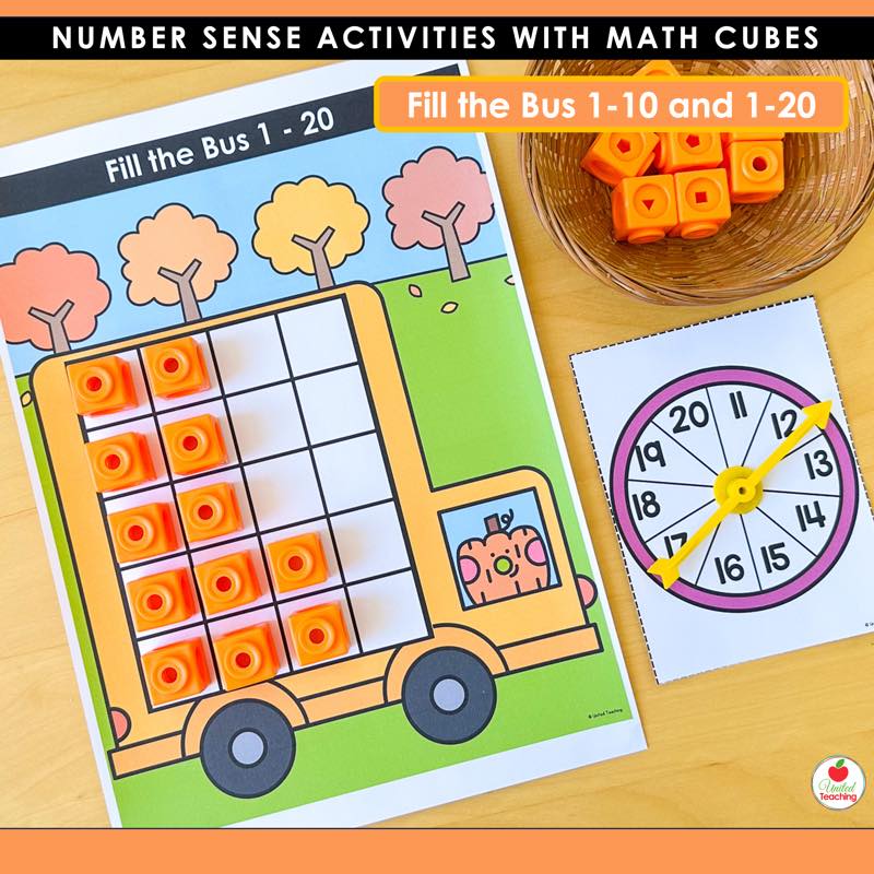 Fill the Pumpkin Bus ten frame mat filled with orange math cubes and a 1-20 number spinner