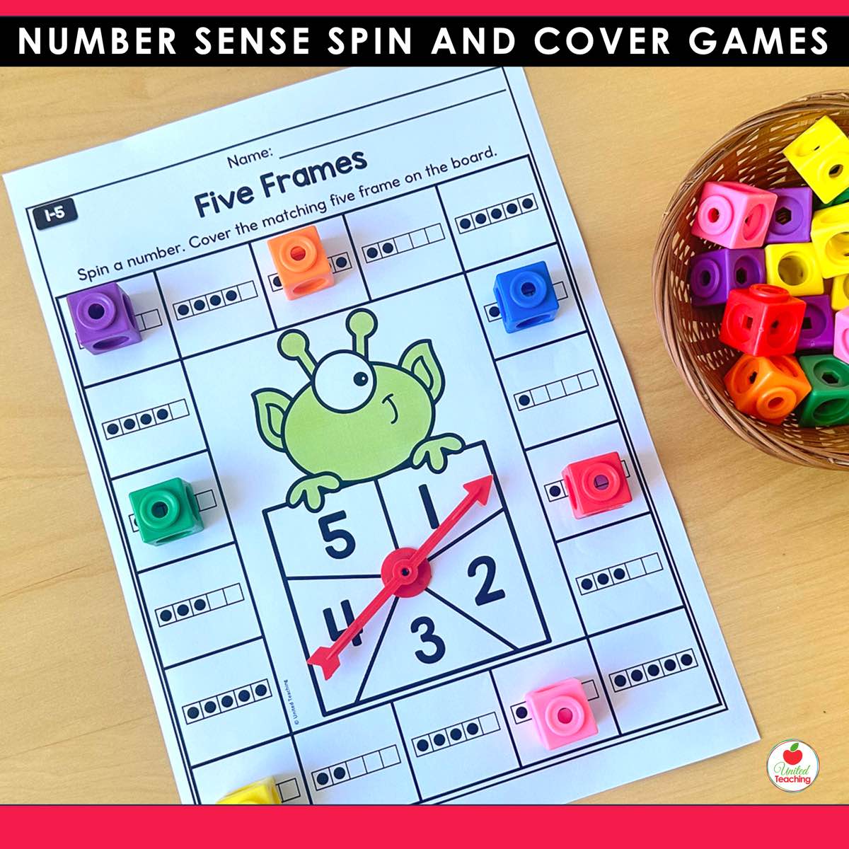 Five frames Spin and Cover game board for numbers 1 to 5 with math cubes covering the matching five frames