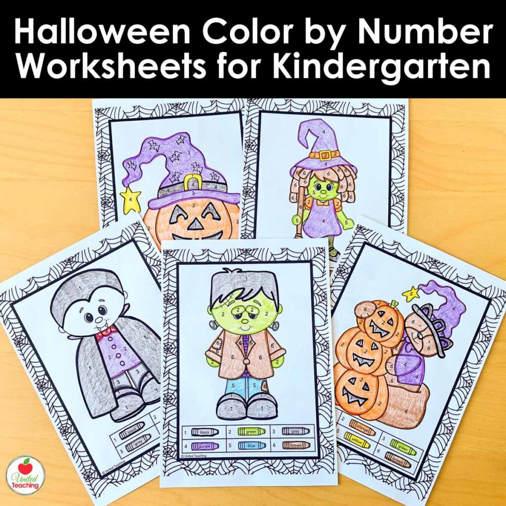 Five colored Halloween color by number worksheets for kindergarten fanned out, including Frankenstein and a vampire