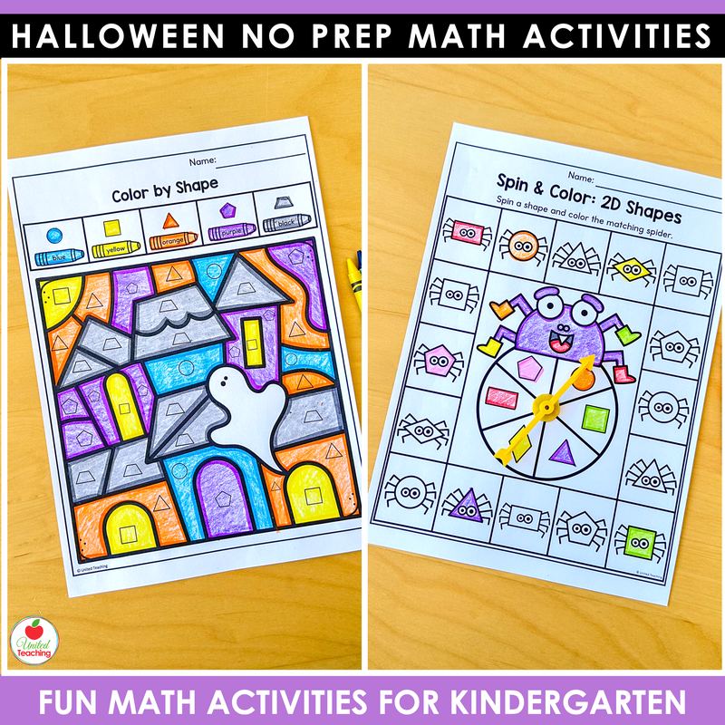 Halloween 2D shapes worksheets for kindergarten, color by shape and spin and color shapes