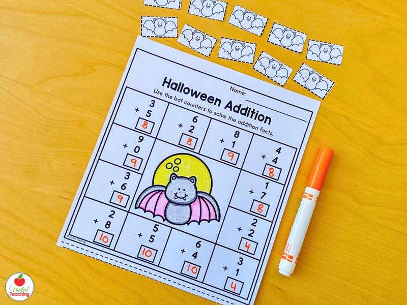 Halloween addition worksheet for kindergarten, use the bat counters to solve each addition fact