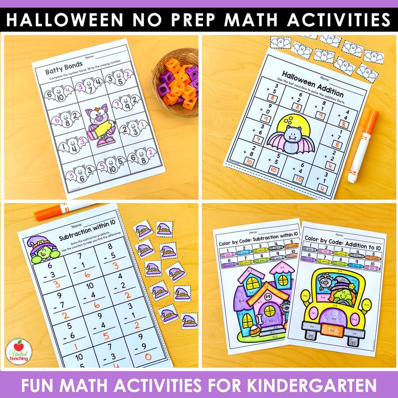Halloween addition and subtraction worksheets for kindergarten, number bonds, bat counters, color by code
