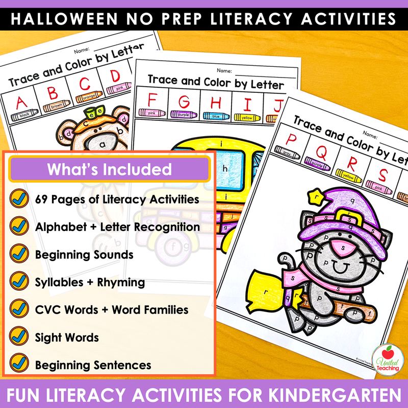 Halloween trace and color by letter worksheets for kindergarten, alphabet A-E, F-J, and P-T