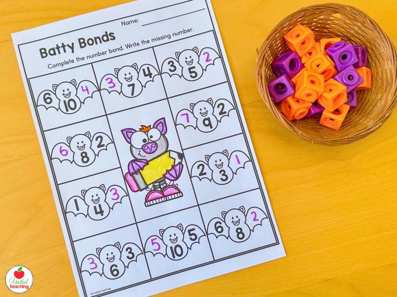 Batty Bonds Halloween number bonds worksheet, complete each bond and write the missing number