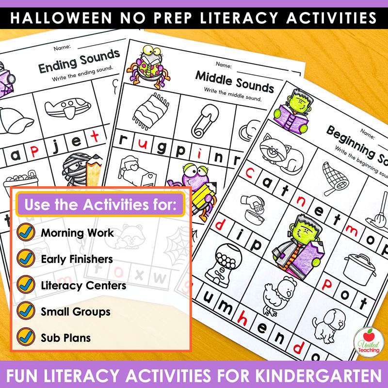 Halloween beginning, middle, and ending sounds worksheets for kindergarten with picture boxes
