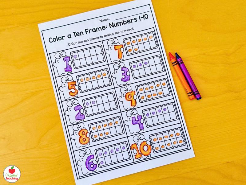 Halloween color a ten frame worksheet, color the ten frame to match each numeral 1 to 10