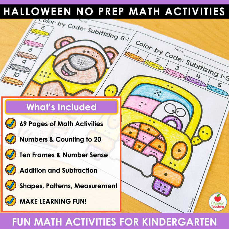 Halloween color by code subitizing worksheets for kindergarten, 1-5 and 6-10 with a bear and a bus