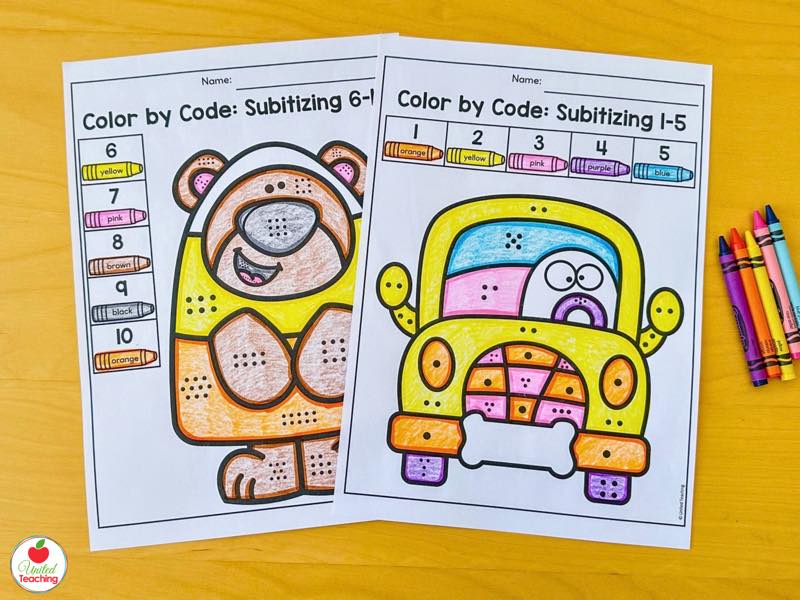 Halloween color by code subitizing worksheets for 1 to 5 and 6 to 10 for kindergarten