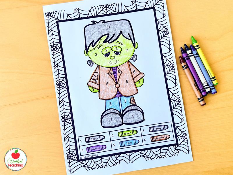 Frankenstein Halloween color by number worksheet for kindergarten colored with crayons using numbers 1 to 6