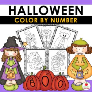 Halloween Color by Number free printable cover with a witch, a girl in a pumpkin costume, and five worksheets