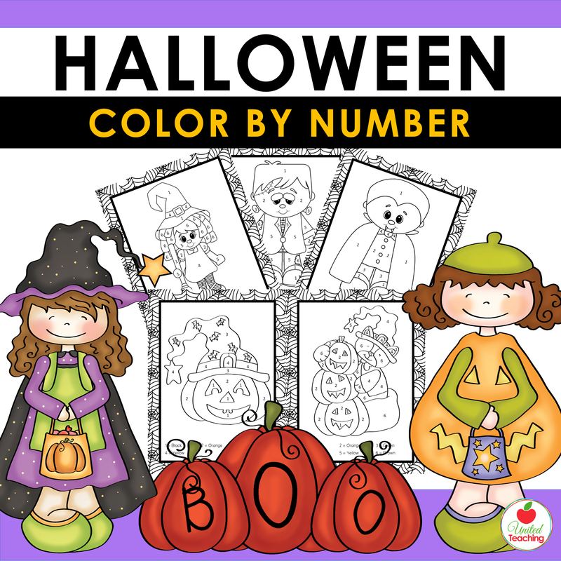 Halloween Color by Number free printable cover with a witch, a girl in a pumpkin costume, and five worksheets