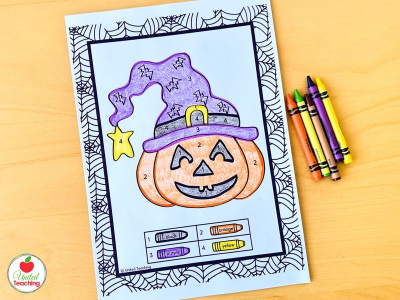Jack-o-lantern in a witch hat Halloween color by number worksheet colored with crayons using numbers 1 to 4