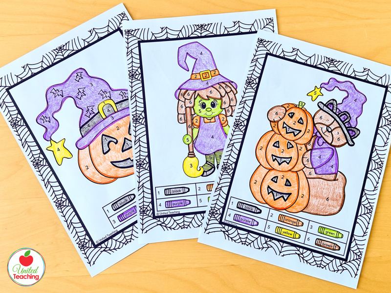 Three colored Halloween color by number pages fanned out showing a jack-o-lantern witch hat, a witch, and a pumpkin stack