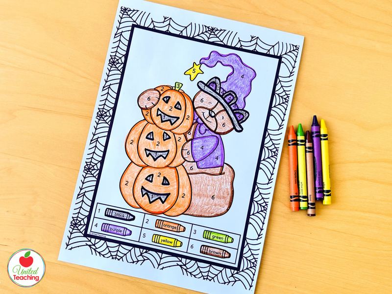 Halloween color by number worksheet with three stacked pumpkins and a costumed character, colored using numbers 1 to 6