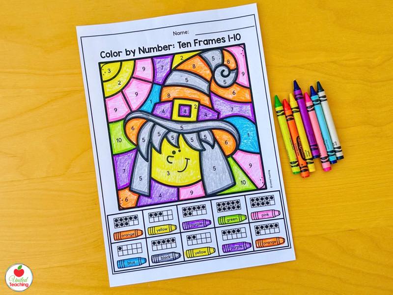 Halloween color by number ten frames 1 to 10 worksheet with a colored witch