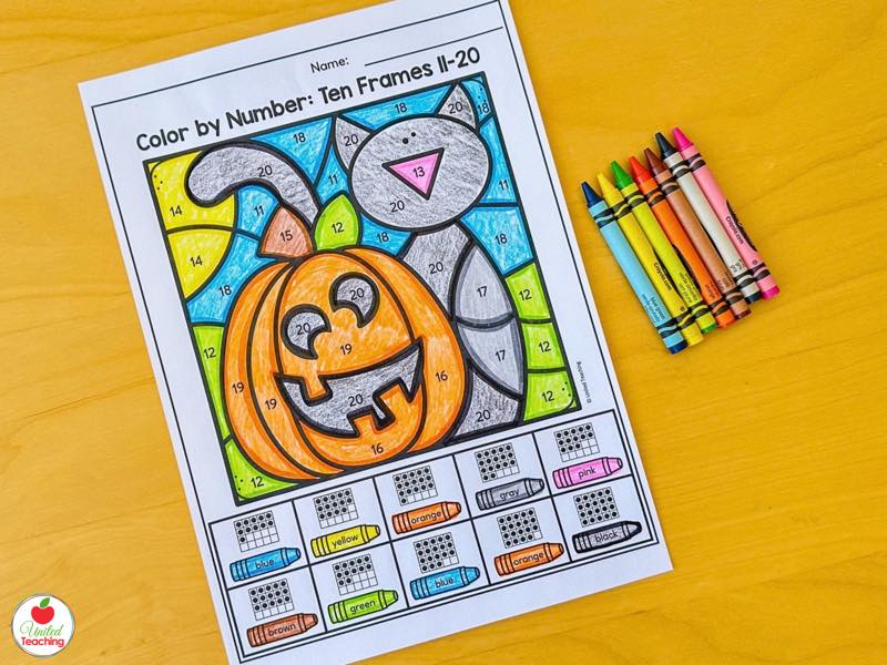 Halloween color by number ten frames 11 to 20 worksheet with a jack-o-lantern and cat