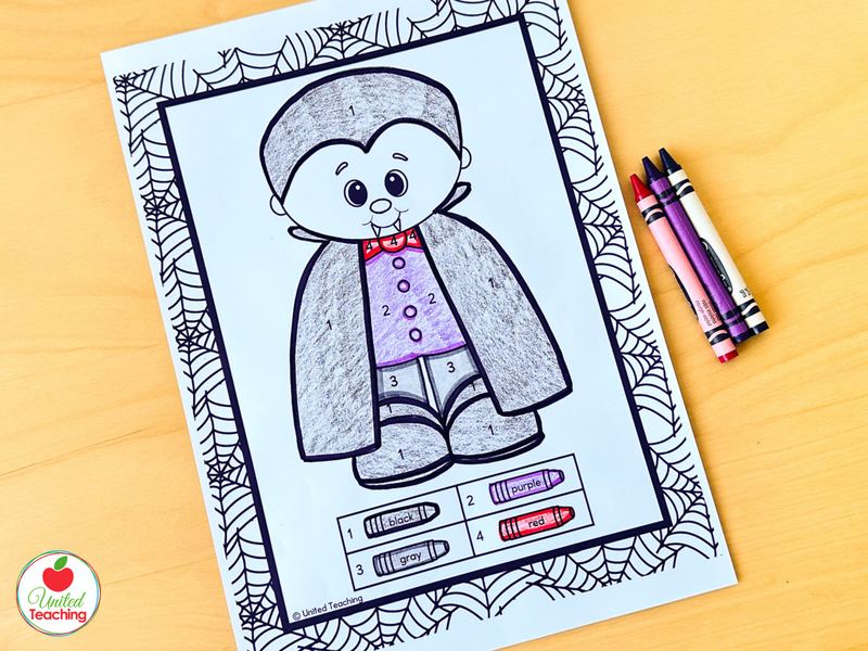 Vampire Halloween color by number worksheet for kindergarten colored with crayons using numbers 1 to 4