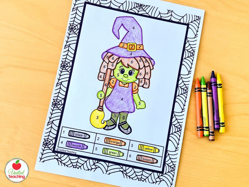 Witch Halloween color by number worksheet for kindergarten colored with crayons using numbers 1 to 6